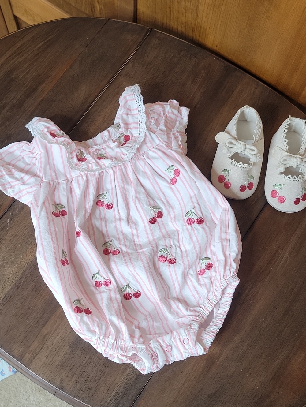 Chick Pea Embroidered Cherry One-Piece Romper Bubble Suit With Shoes Sz 6-9M